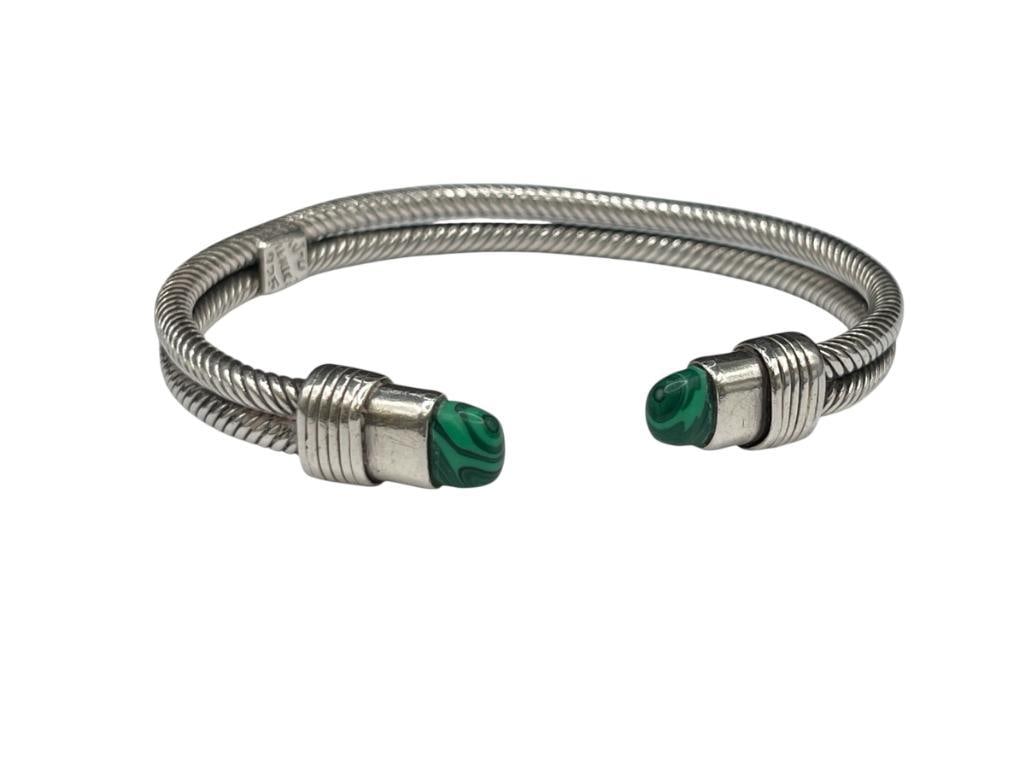 VINTAGE STERLING SILVER TAXCO MEXICO MALACHITE CUFF BRACELET: HALLMARKED 2 3/8" CUFF WIDTH X 1/4" THICK, 29.15 GRAMS 