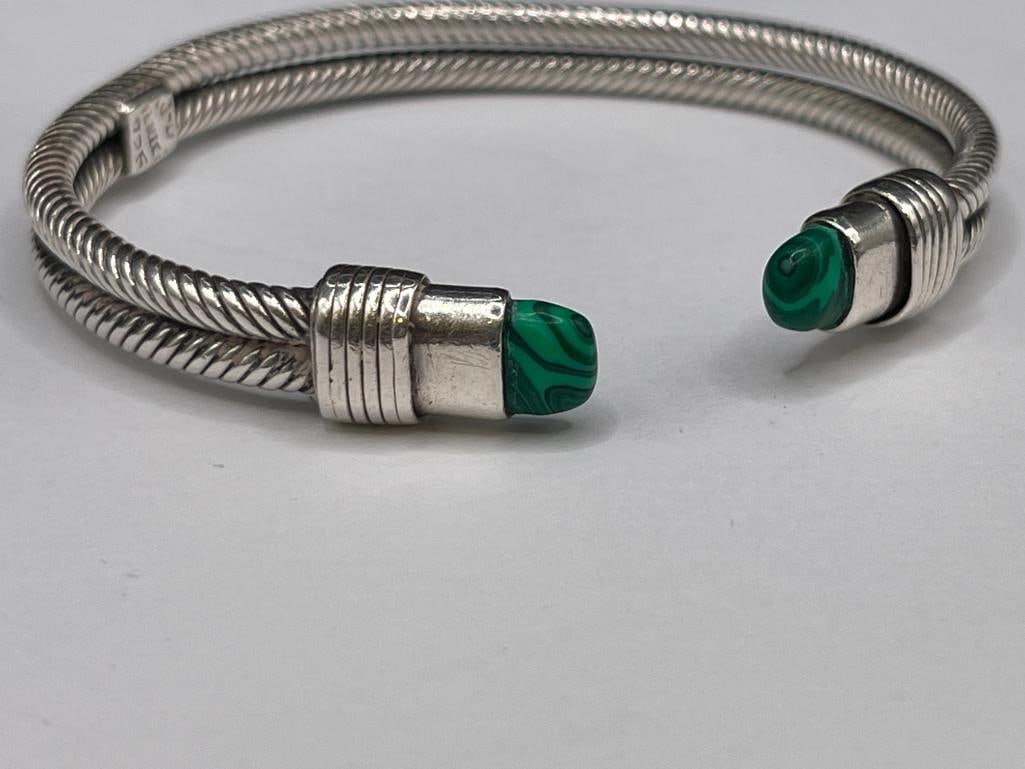 VINTAGE STERLING SILVER TAXCO MEXICO MALACHITE CUFF BRACELET - 2