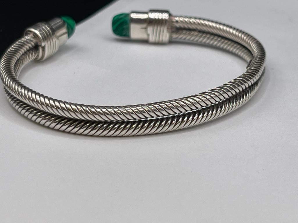 VINTAGE STERLING SILVER TAXCO MEXICO MALACHITE CUFF BRACELET - 3