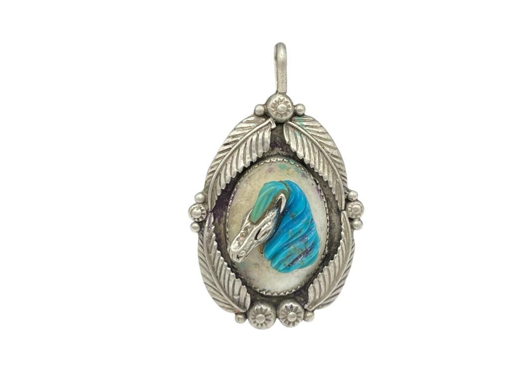 VINTAGE ARTIST SIGNED STERLING SILVER TURQUOISE HORSE IN RELIEF PENDANT: FEATURING TOOLED FEATHER DESIGN, SEE MARK 2 1/2", 23.81 GRAMS 