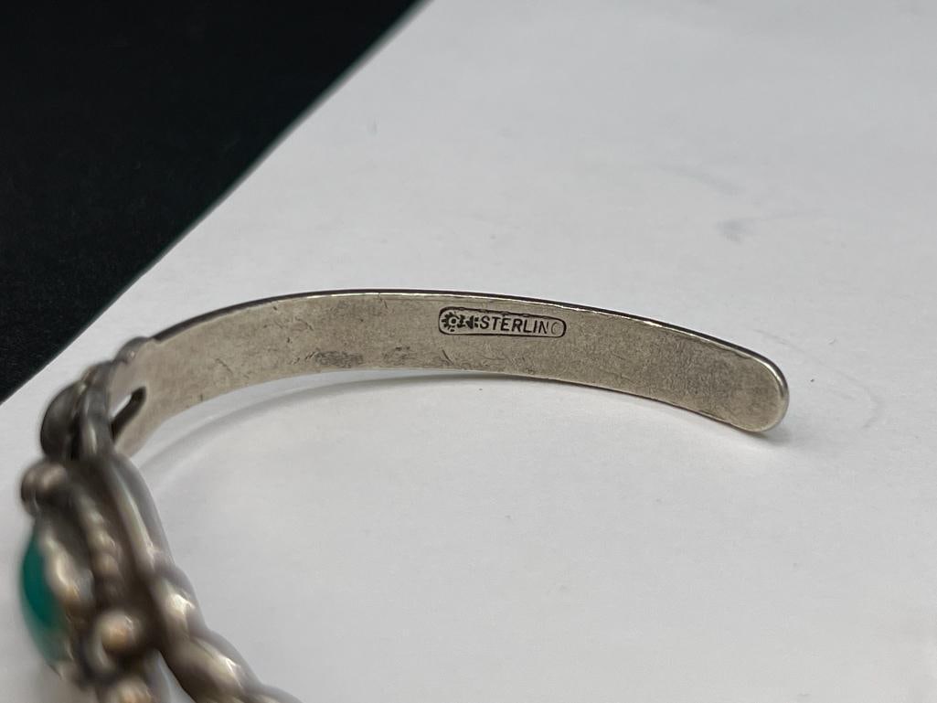 VINTAGE NAVAJO ARTIST SIGNED STERLING SILVER TURQUOISE CHILD'S CUFF BRACELET - 6
