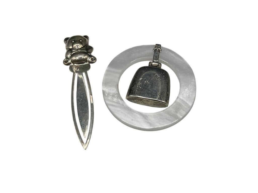 VINTAGE STERLING SILVER MOTHER OF PEARL BABY RATTLE AND STERLING TEDDY BEAR BOOKMARK: 3 1/4" BOOKMARK, 25.09 GRAMS TOTAL 