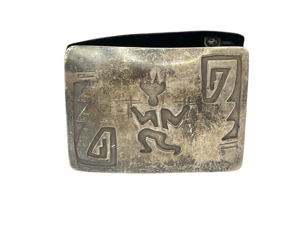 VINTAGE HOPI NATIVE AMERICAN STERLING SILVER OVERLAY BELT BUCKLE FEATURING KOKOPELLI DANCER: 2 5/8", 32.47 GRAMS 
