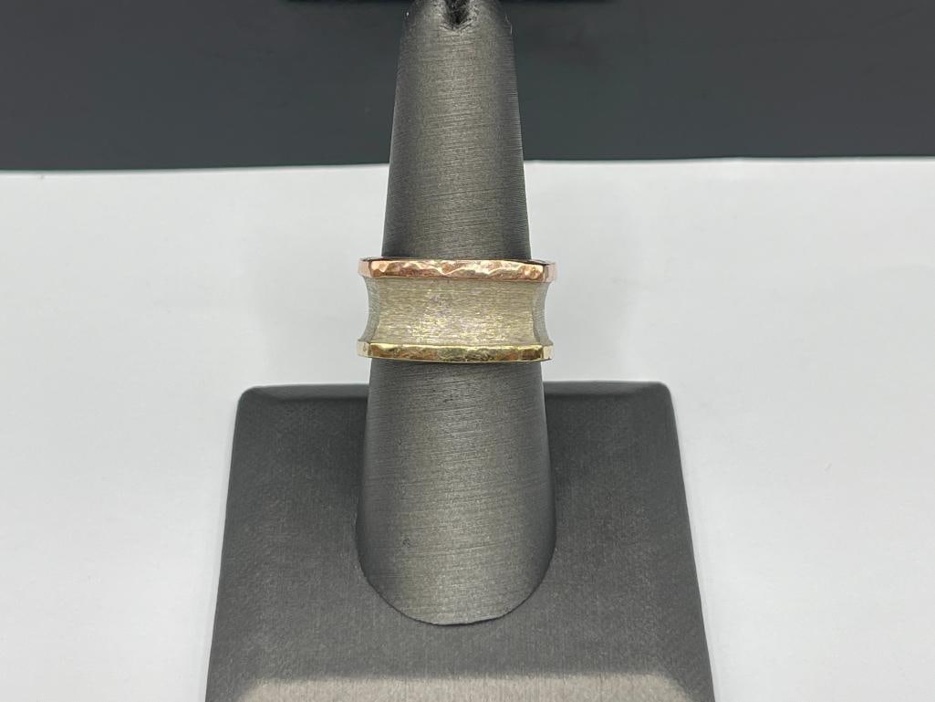 STERLING SILVER AND 14K GOLD ACCENTED SQAURE SHAPED RING SIGNED BY ARTIST: SIGNED "DT" AND "K" SIZE 8, 7/16" THICK, 12.58 GRAMS 