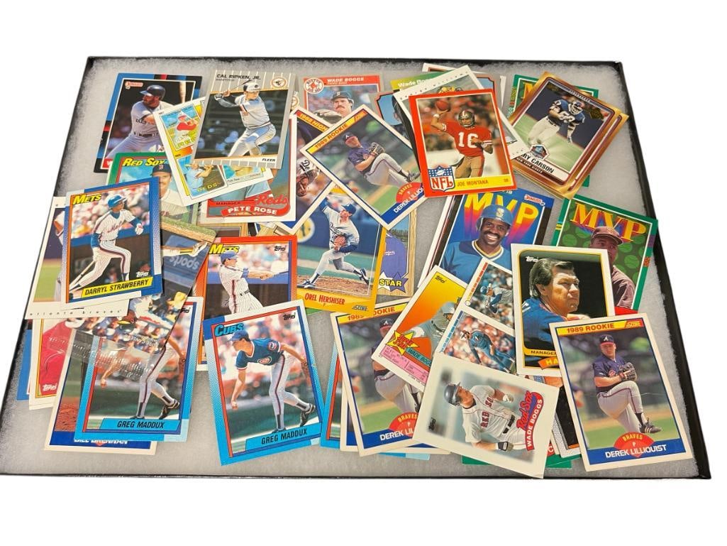COLLECTION OF BASEBALL AND FOOTBALL CARDS INCLUDING HALL OF FAMER JOE MONTANA: MOSTLY BASEBALL CARDS INCLUDING FERNANDO VALENZUELA, OREL HERSHISER, GREG MADDUX, AND MANY MORE 