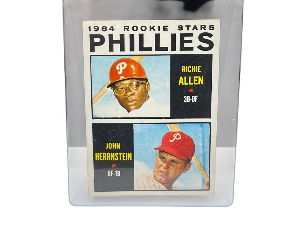 1964 TOPPS #243 PHILLIES ROOKIE STARS RICHIE ALLEN AND JOHN HERNSTEIN BASEBALL CARD: RARE CARD, VIEW PICTURES FOR CONDITION REVIEW, COLLECTION FROM A LOCAL RENO, NV DOCTOR AT RENOWN WHO RAN BIG LEAGUE SPORTS MEDICINE BASEBALL CAMP FOR NEARLY 20 YEARS, DOCTOR JOHN ANDREW CAMERON 