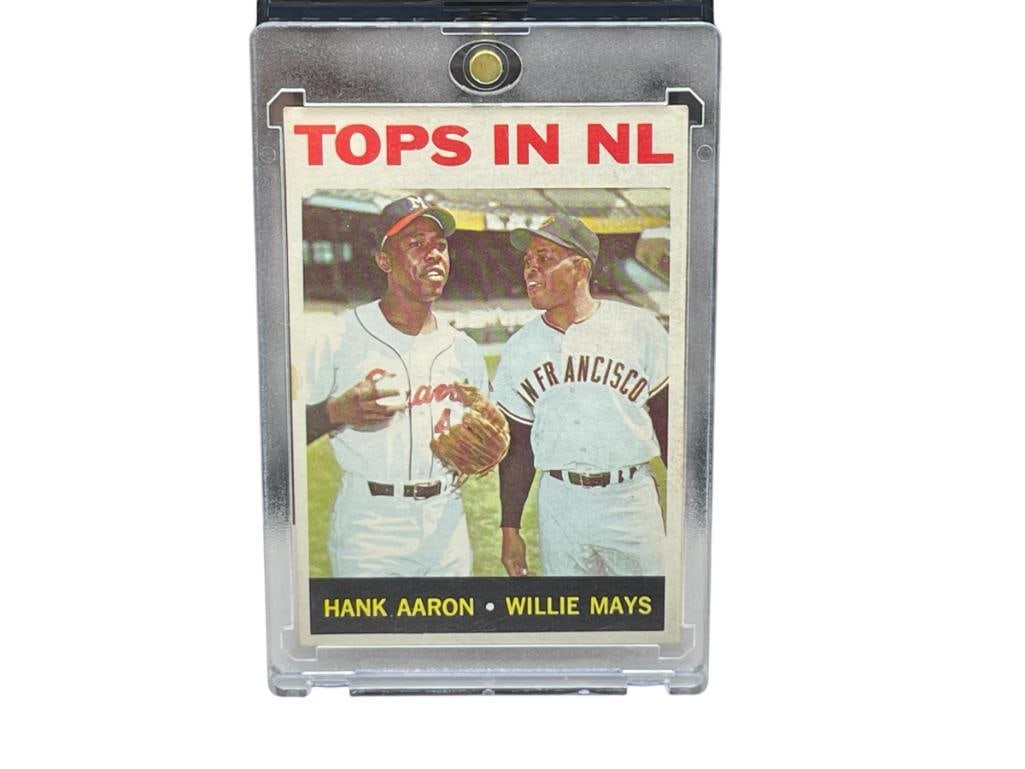 1964 TOPPS #423 TOPS IN NL HANK AARON AND WILLIE MAYS BASEBALL CARD: RARE CARD, VIEW PICTURES FOR CONDITION REVIEW, COLLECTION FROM A LOCAL RENO, NV DOCTOR AT RENOWN WHO RAN BIG LEAGUE SPORTS MEDICINE BASEBALL CAMP FOR NEARLY 20 YEARS, DOCTOR JOHN ANDREW CAMERON 