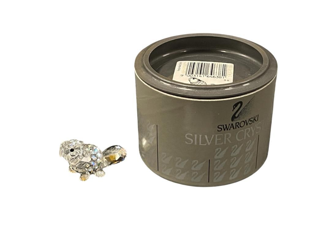 SWAROVSKI SILVER CRYSTAL FACETED BEAVER FIGURINE NO. 7616NR000002: IN MINT CONDITION WITH ORIGINAL BOX AND CERTIFICATE 1 5/8" L 