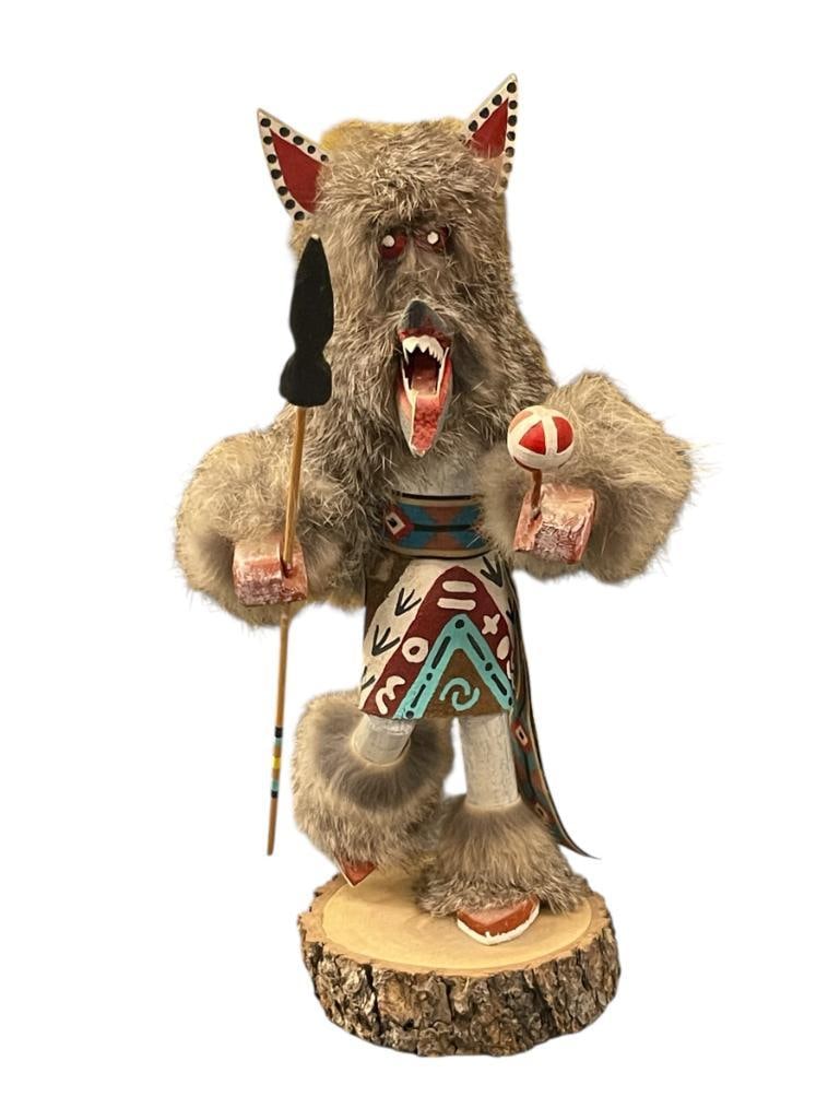 SILVER FOX HOPI KACHINA DOLL BY NATIVE AMERICAN ARTIST LITTLE BIRD: HAND CRAFTED KACHINA DOLL MADE FROM COTTON WOOD, ANIMAL, AND FINISHED WITH HAND PAINTED MOTIF, SIGNED ON THE BOTTOM OF WOOD SLAB 11 1/4" H 
