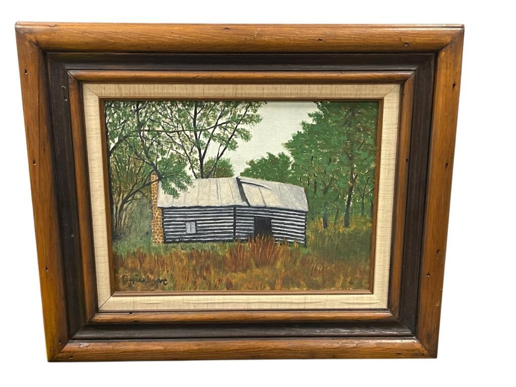 EFFIE GROVE ORIGINAL OIL ON CANVAS PAINTING ON CANVAS: ART DEPICTS BUILDING SURROUNDED BY MATURE TREES, SIGNED LOWER LEFT, FRAMED 24" X 20" 