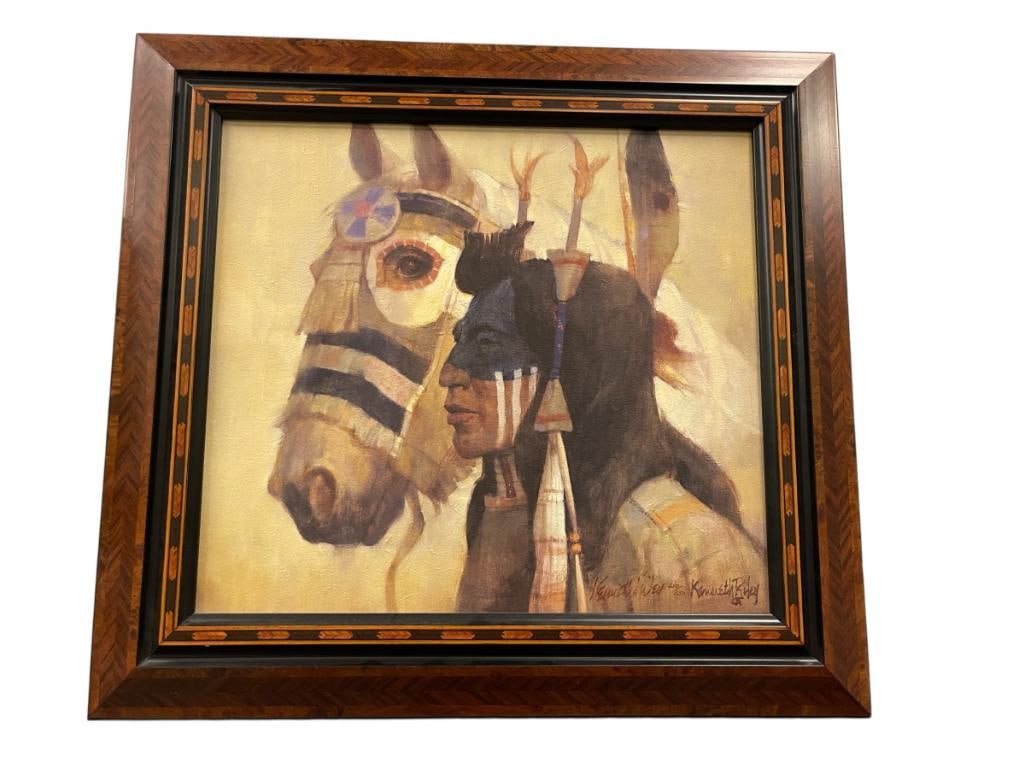 KENNETH RILEY LIMITED EDITION PRINT ON CANVAS TITLED AS ONE NO. 210/550: KENNETH RILEY WAS AN HONORED COMBAT ARTIST, COAST GUARD SPECIALIST IN THE COAST GUARD DURING WWII, ART DEPICTS NATIVE AMERICAN NEXT TO WAR HORSE, ARTIST INFO ON THE BACK INCLUDES ART PLAQUE, SIGNED