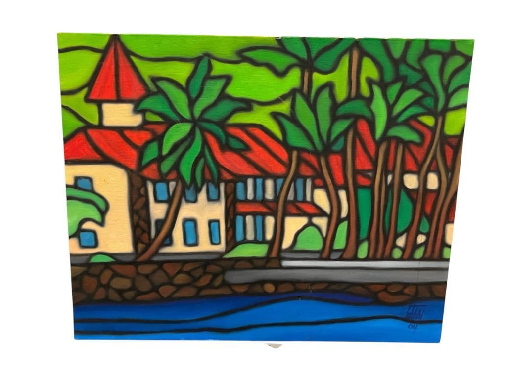 ORIGINAL ACRYLIC ON CANVAS PAINTING OF THE KONA INN IN KAILUA-KONA, HAWAII SIGNED: ART DEPICTS HISTORIC OCEANFRONT RESTAURANT KONA INN SURROUNDED BY TREES, SIGNED LOWER RIGHT, DATED 2004, UNFRAMED, ART DOES SHOW FEW LIGHT SCRATCHES 20" X 16" 