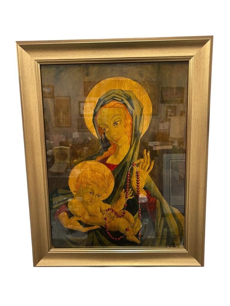 DOM GREGORY DEWIT NETHERLAND ARTIST RELIGIOUS ICON ORIGINAL WATERCOLOR ON PAPER LAID ON BOARD: DOM GREGORY DEWIT (1895-1978) NATIVE NETHERLAND LISTED ARTIST WHO TOOK PART IN HIS FIRST EXHIBITION IN 1923, WAS A BENEDICTINE MONK WHO LEFT TO THE U.S.A. TO PAINT HIS FIRST MURAL, ART DEPICTS