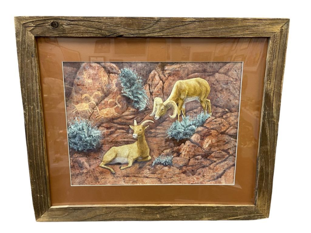 JUDY F. HILBISH RENO, NV BASED ARTIST ORIGINAL ACRYLIC ON PAPER WILDLIFE SCENE ANCESTRAL GROUNDS: JUDY F. HILBISH IS AN ARTIST AND AUTHOR BASED IN RENO, NV OPERATOR OF LIZARD HISS STUDIOS, ART DEPICTS BIG HORN SHEEP NEAR ROCKY CLIFF WITH PETROGLYPHS, SIGNED LOWER LEFT DATED 2007, ARTIST INFO