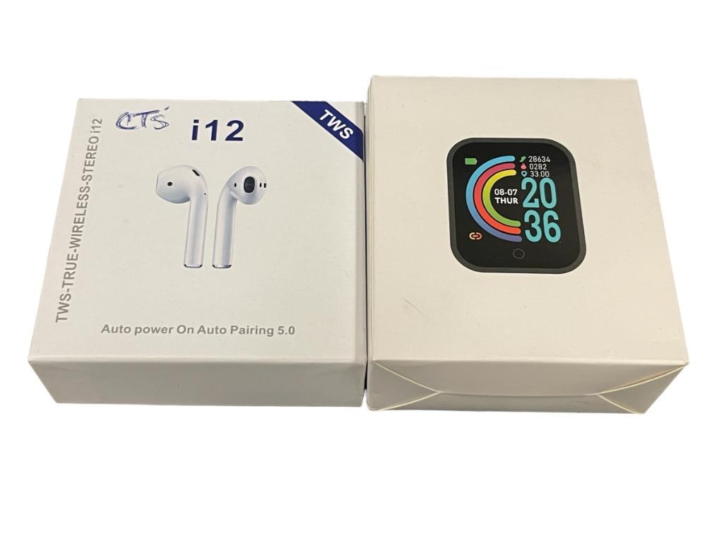 1.44 INCH SMART WATCH AND i12 WIRELESS BLUETOOTH HEADPHONES: BOTH ELECTRONIC DEVICES INCLUDE ORIGINAL BOX, BOTH ARE MISSING CHARGERS 
