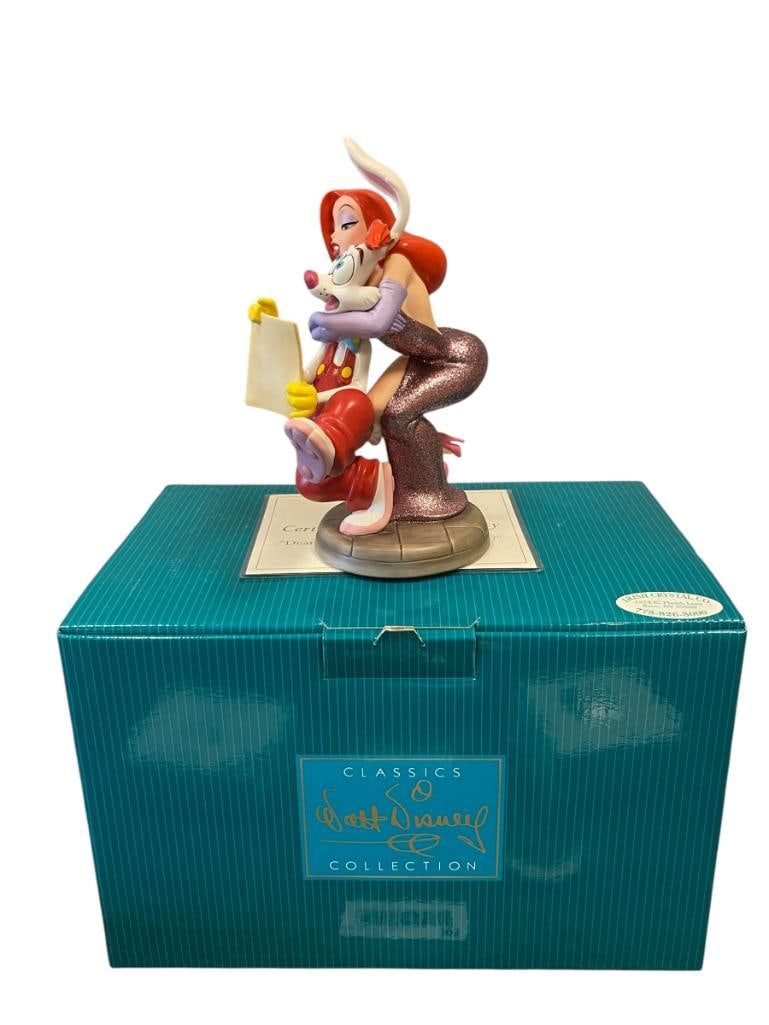 WALT DISNEY CLASSICS COLLECTION WHO FRAMED ROGER RABBIT LIMITED EDITION PORCELAIN FIGURINE: FIGURINE TITLE DEAR JESSICA, HOW DO I LOVE THEE, 10TH ANNIVERSARY FIGURINE, NO. 1420/7500, ROGER RABBIT HAS DAMAGED EAR, INCLUDES ORIGINAL BOX AND CERTIFICATE 7 1/2" H