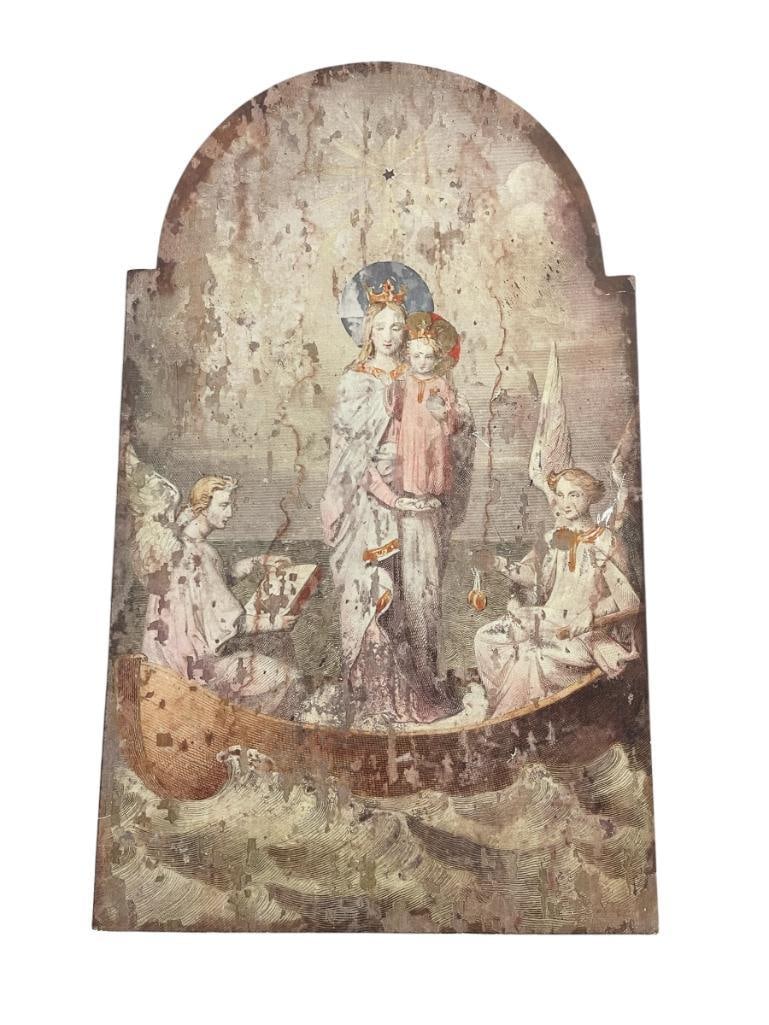 CREATIVE CO-OP DECOR MARY AND ANGELS WALL PANEL: ANTIQUE STYLED PANEL OF MARY AND CHILD WITH ANGELS 23 1/2" X 39" 