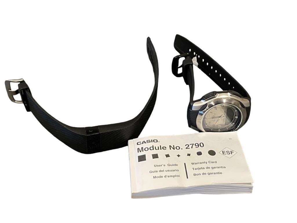 FITBIT FITNESS TRACKER AND CASIO MENS DIGITAL WRISTWATCH MODEL 2790 WITH USER GUIDE: FITBIT MISSING CHARGER, CASIO NEEDS BATTERY 