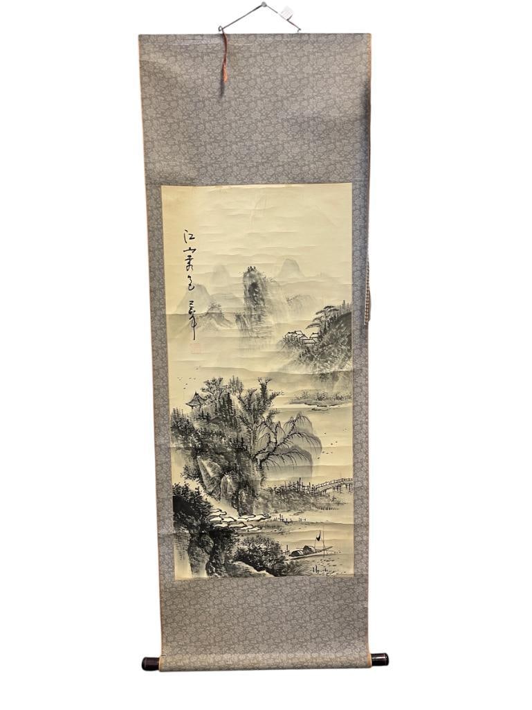 20TH CENTURY JAPANESE SUMI-E SCROLL INK WASH PAINTING ON PAPER WITH SILK BORDER MONOCHROME LANDSC...: ART DEPICTS A LANDSCAPE WITH TREES AND MOUNTAINS, AND BUILDINGS ALONG THE MOUNTAIN SIDES, ARTISTIC CALLIGRAPHY AND SIGNATURE WITH SEAL UPPER LEFT CORNER, FLORAL SILK BORDER, FEW SMALL TEARS LONG THE