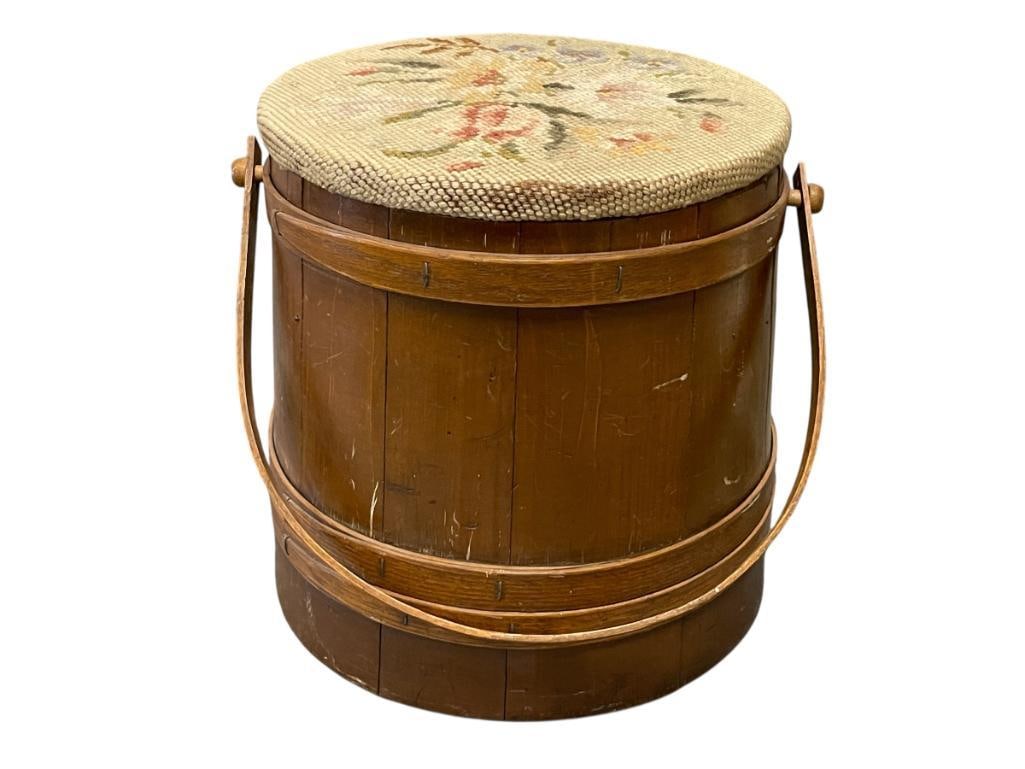 PRIMITIVE FIRKIN STYLED SEWING BOX WITH NEEDLEPOINT PADDED LID (1 of 7)