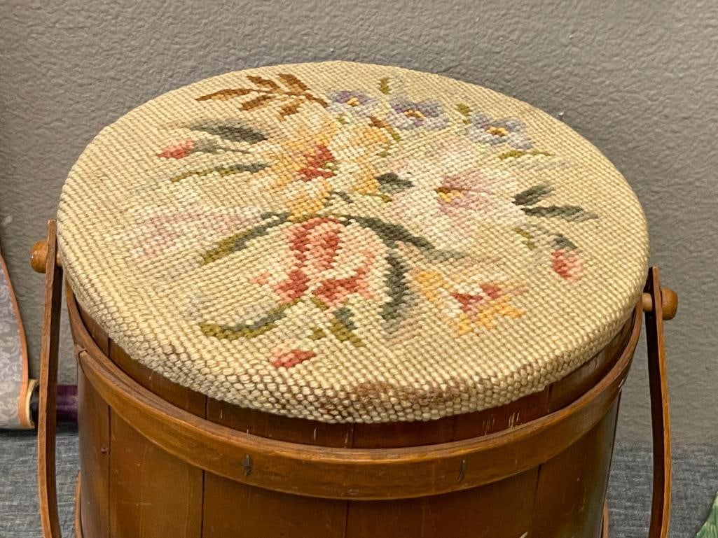 PRIMITIVE FIRKIN STYLED SEWING BOX WITH NEEDLEPOINT PADDED LID - 2