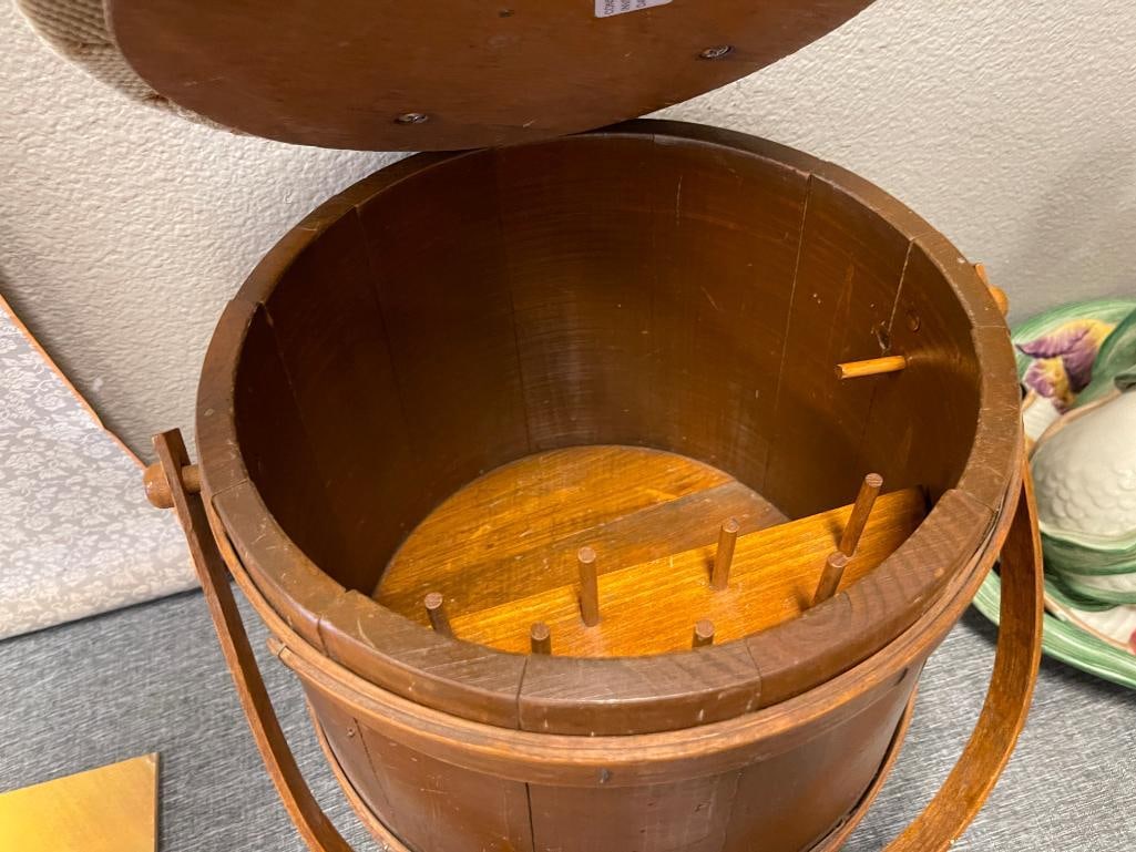 PRIMITIVE FIRKIN STYLED SEWING BOX WITH NEEDLEPOINT PADDED LID - 5