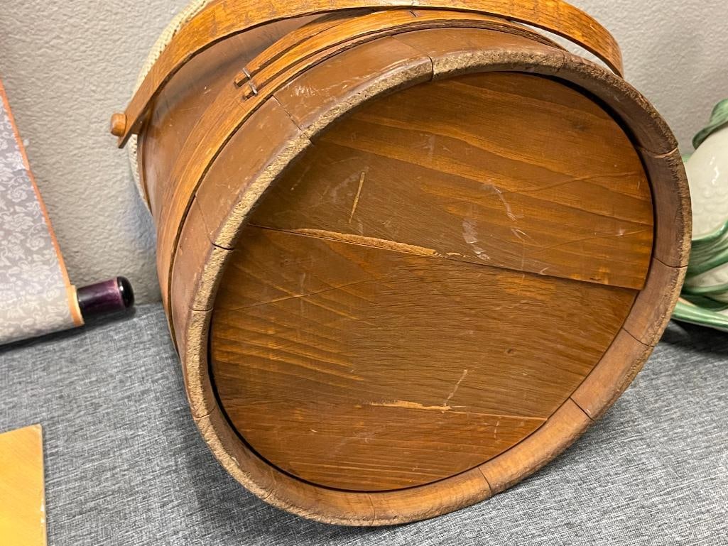 PRIMITIVE FIRKIN STYLED SEWING BOX WITH NEEDLEPOINT PADDED LID - 7