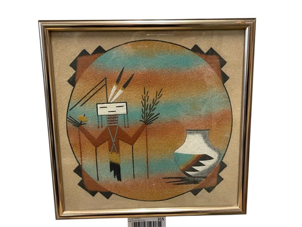 HOPI SAND ART PANEL BY THOMPSON TITLED MALE WIND WAY: ART DEPICTS FIGURE AND POTTERY WITHIN EARTH TONE CIRCLE WITH GEOMETRIC CORNERS, ART INFO ON THE BACK, FRAMED 12" X 12" FRAME
