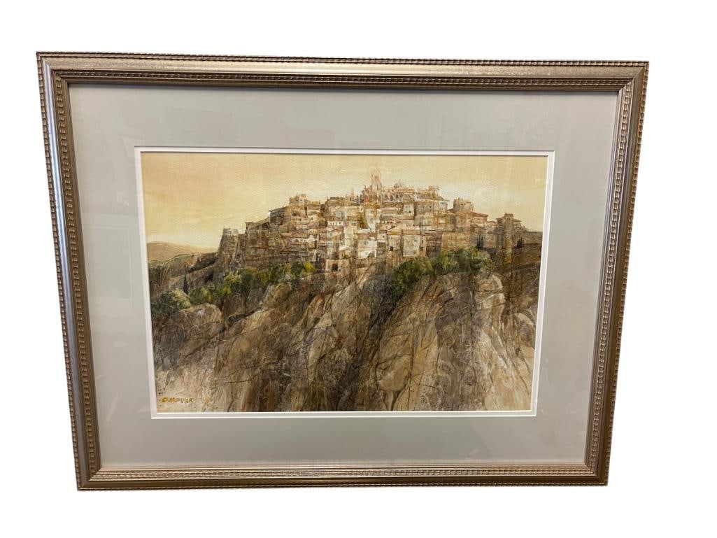 GERALD F. BROMMER NOTED ARTIST ORIGINAL WATERCOLOR TITLED TUSCANY REMEMBERED: GERALD F. BROMMER (1927 B.) MEMBER AND FORMER PRESIDENT OF NATIONAL WATERCOLOR SOCIETY, ART DEPICTS TUSCAN VILLAGE ATOP A STEEP MOUNTAIN, SIGNED LOWER LEFT, DATED 2005, ART INFO ON THE BACK, FRAMED 