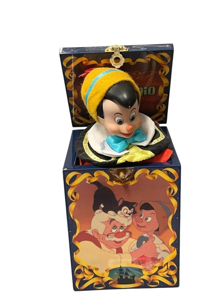 ENESCO PRESENTS WALT DISNEY'S 50TH ANNIVERSARY PINOCCHIO LIMITED EDITION JACK IN THE BOX NO. 448: ILLUSTRATED WOODEN BOX, HIGH GLOSS FINISH, ONE CORNER HAS SMALL CHIP 9" H 