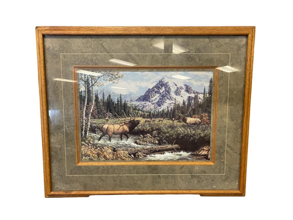 FRANK D. MILLER AMERICAN WILDLIFE ARTIST LARGE ELK PRINT: PRINT ILLUSTRATES ELK IN MOUNTAINOUS FOREST LANDSCAPE, PLATE SIGNED LOWER LEFT, FRAMED 36" X 30" FRAME 