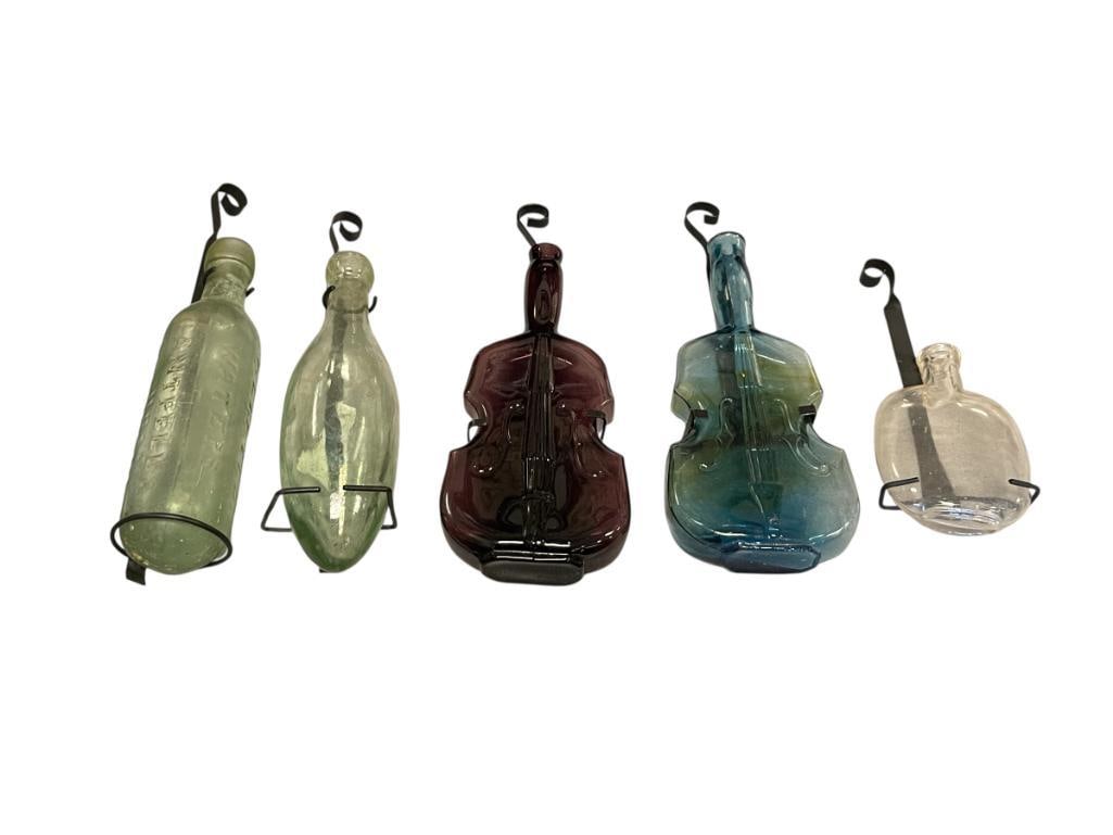 ANTIQUE AND DECORATIVE MUSICAL INSTRUMENT GLASS BOTTLES WITH SCROLL ART METAL HANGERS (1 of 7)