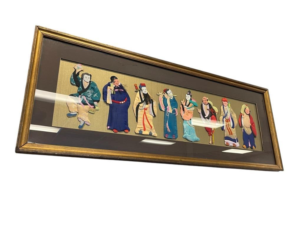 THE EIGHT IMMPORTALS HAND CRAFTED SILK DOLLS LEGENDARY DAOIST DIETIES IN CHINESE MYTHOLOGY: HE XIANGU, CAO GOUJIU, LI TIEGUAI, LAN CAIHE, LU DONGBIN, HAN XIANGZI, ZHANG GUOLAO, AND ZHONGLI QUAN, EACH DOLL IS CRAFTED FROM SILK WITH LIGHT EMBROIDERY AND HAND PAINTED FACIAL FEATURES, FRAMED 