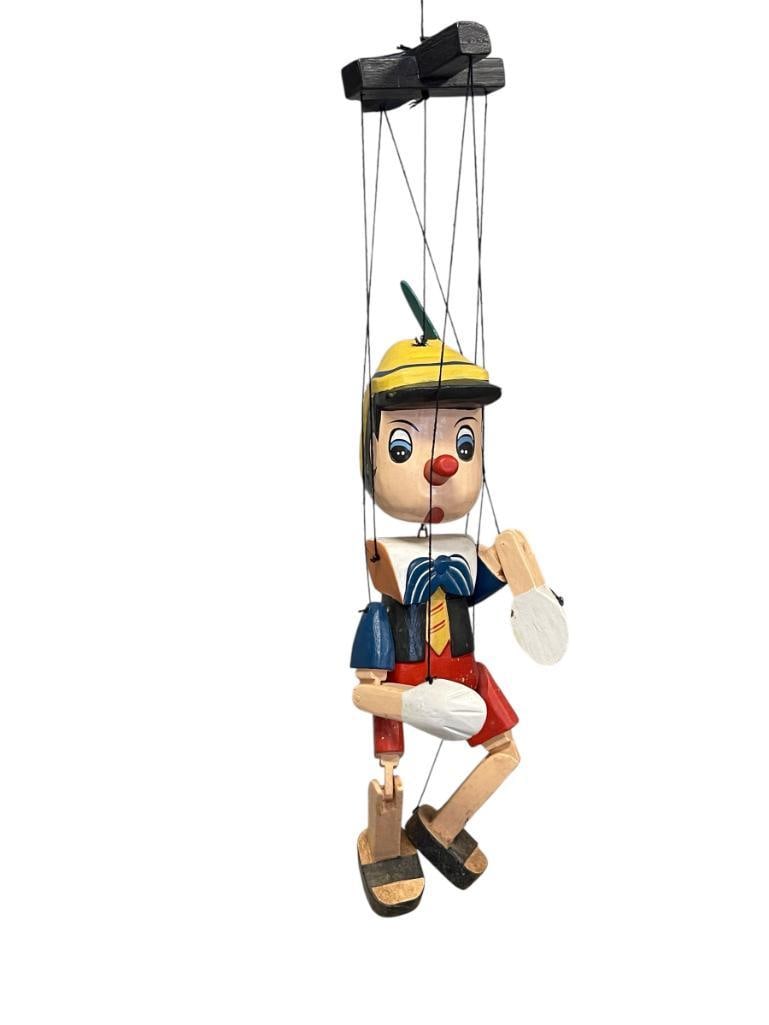 HAND CRAFTED PINOCCHIO JOINTED MARIONETTE DOLL: HAND PAINTED, HAND CARVED WOOD MARIONETTE DOLL OF PINOCCHIO WITH STRINGS 15" H 