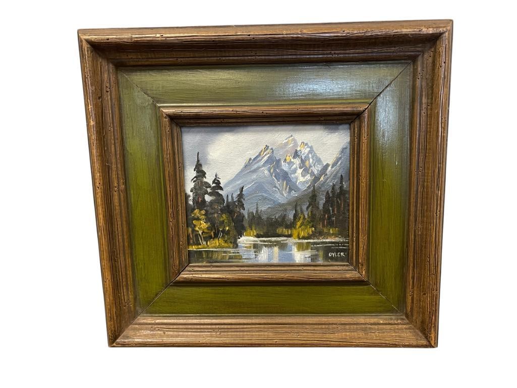 INA S. OYLER WELL-KNOWN IDAHO NATIVE ARTIST OIL ON CANVAS PAINTING TITLED CATHEDRAL GROUP: INA S. OYLER WAS KNOWN AS A LEADING ARTIST IN THE NORTHWEST KNOWN FOR HER OIL PAINTINGS, ART DEPICTS A MOUNTAIN LANDSCAPE WITH RIVER RUNNING THROUGH TREES, SIGNED LOWER RIGHT, WITH ARTIST CARD ON THE