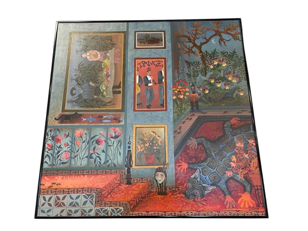 STEPHANIE HILTON LOCAL RENO, NV ARTIST INK, PEN, ACRYLIC PAINTING TITLED THE COLLECTION 1995: STEPHANIE HILTON WAS A DEALER AT HAROLDS CLUB IN THE 1960'S WHO RETIRED AFTER 30 YEARS AND BEGAN PAINTING, WHIMSICAL ART DEPICTS VIBRANT PAINTING OF THE INTERIOR OF A HOME GREATLY DECORATED, SIGNED