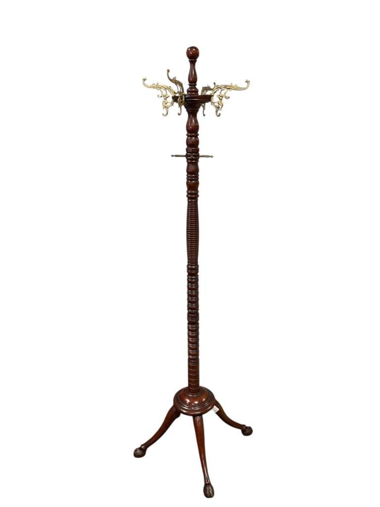 ANTIQUE VICTORIAN MAHOGANY COAT / HAT HALL TREE / RACK WITH HOOVED FEET AND ORNATE BRASS HOOKS: FOUR LEGGED WITH HOOVED FEET, ORNATE CHERUB BRASS HOOKS AND BRASS PEGS BELLOW 69" H