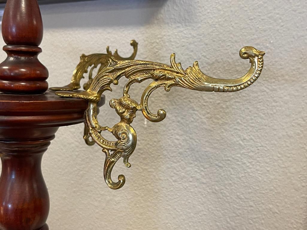 ANTIQUE VICTORIAN MAHOGANY COAT / HAT HALL TREE / RACK WITH HOOVED FEET AND ORNATE BRASS HOOKS - 3