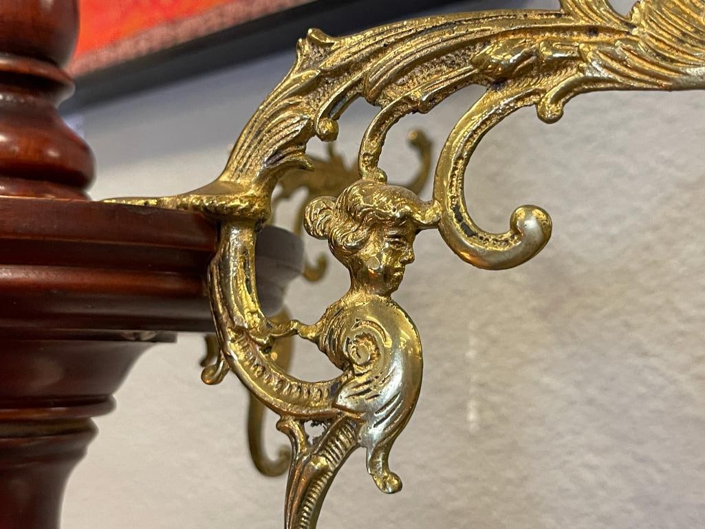 ANTIQUE VICTORIAN MAHOGANY COAT / HAT HALL TREE / RACK WITH HOOVED FEET AND ORNATE BRASS HOOKS - 4