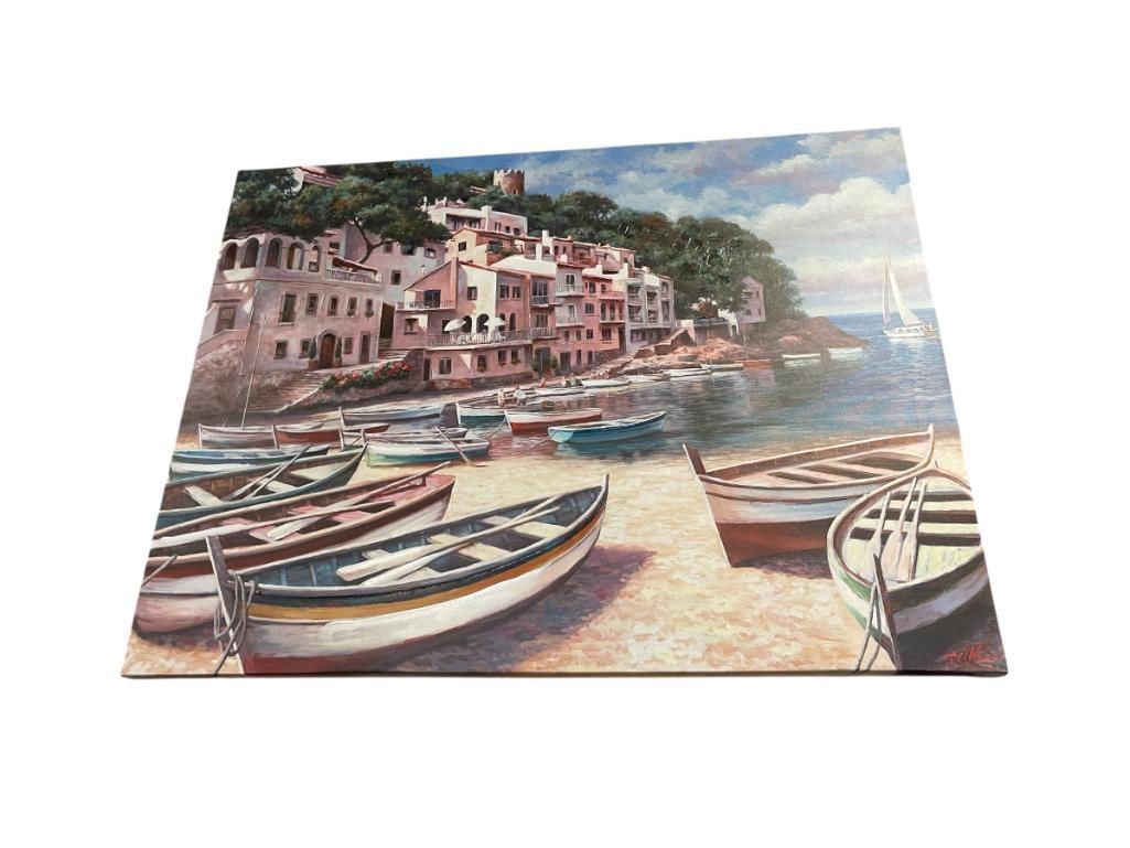 HAND EMBELISHED PRINT ON CANVAS MEDITERRANEAN LANDSCAPE VIEW: ART DEPICTS A MEDITERRANEAN SCENE OF ROW BOATS ASHORE WITH BUILDINGS ALONG STEEP MOUNTAIN SIDE WITH OCEAN VIEW, PLATE SIGNED LOWER RIGHT, UNFRAMED 39" X 30" 