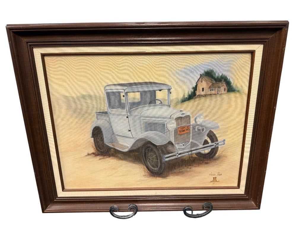 HOMER PRICE ACRYLIC ON CANVAS PAINTING ON CANVAS: ART DEPICTS AND OLD FORD PICKUP WITH CALIFORNIA LICENSE PLATE IN A FIELD WITH HOME IN THE BACKGROUND, SIGNED LOWER RIGHT, DATE 1987, FRAMED 30" X 24" FRAME 