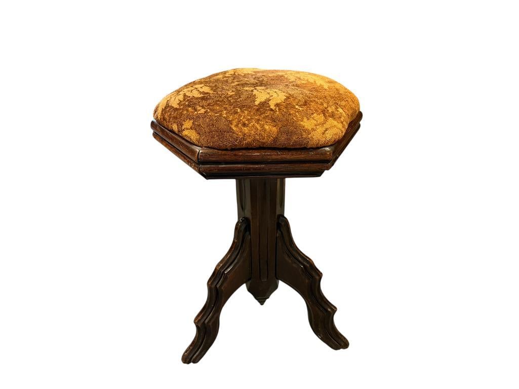 LATE 19TH CENTURY VICTORIAN REVOLVING PIANO STOOL CRAFTED FROM MAHOGANY WITH PADDED UPHOLSTERED S...: THREE-LEGGED STOOL WITH SCREW HEIGHT ADJUSTABLE SEAT, HEXAGONAL SHAPED SEAT 20" UP TO 28" H 