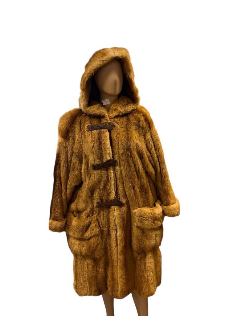 VINTAGE STYLED FOX FUR WOMANS HOODED LONG COAT WITH TIGER PATTERN LINED INTERIOR (1 of 20)