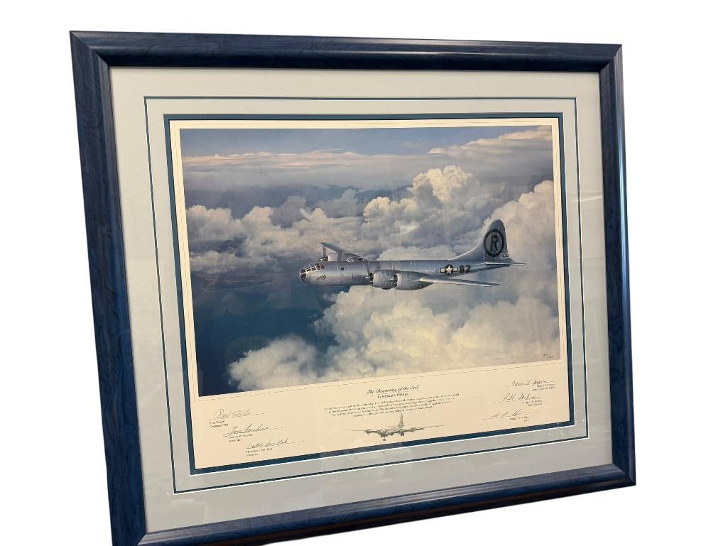 WILLIAM S. PHILLIPS AVIATION ARTIST ENOLA GAY WWII PLANE LIMITED EDITION PRINT SIGNED BY CREW: PRINT IS TITLED THE BIGINNING OF THE END, SIGNED BY THE ARTIST, NO. 358/1000, SIGNED BY ENOLA GAY CREW PAUL TIBBETS, THOMAS W. FEREBEE, THEODORE J. VAN KIRK, MORRIS R. JEPPSON, AND RICHARD H. NELSON,