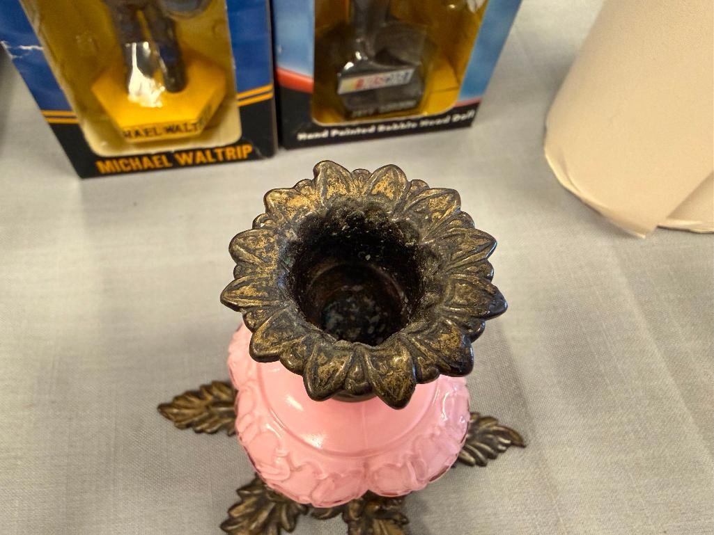 PINK CASE GLASS CENTER CANDLE HOLDER WITH METAL LEAF FOOTED BASE - 10