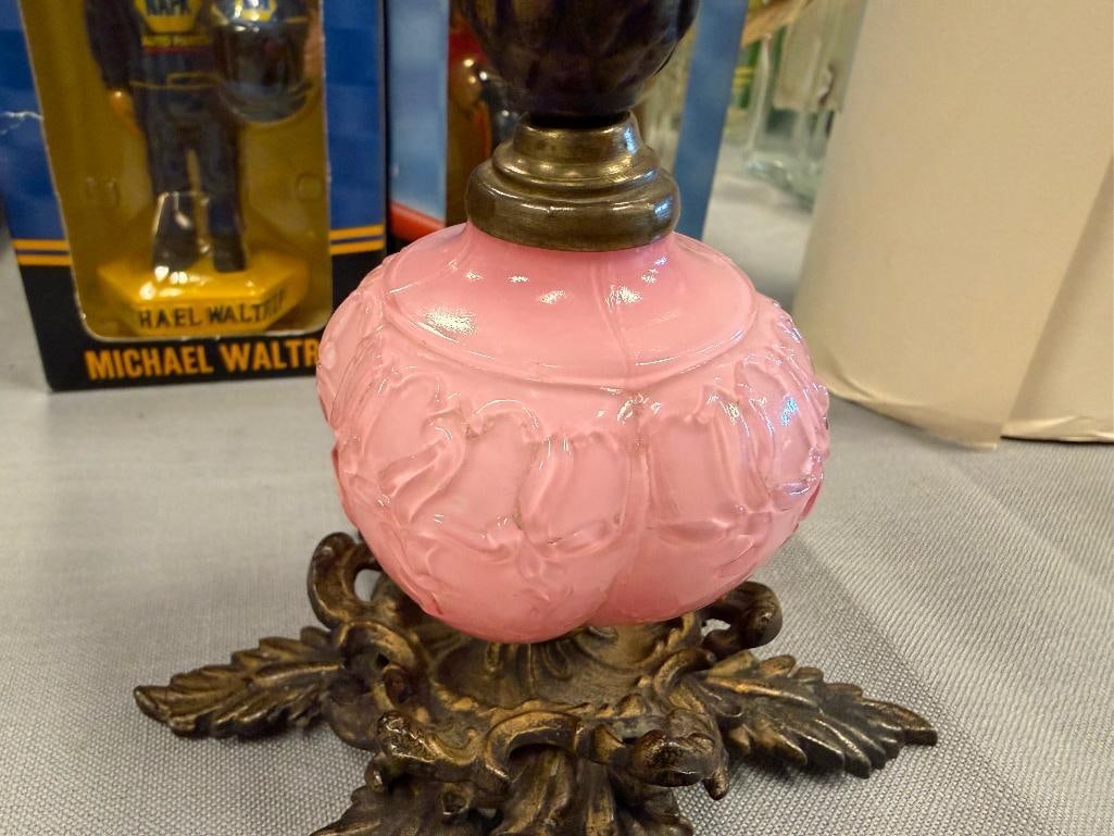 PINK CASE GLASS CENTER CANDLE HOLDER WITH METAL LEAF FOOTED BASE - 11