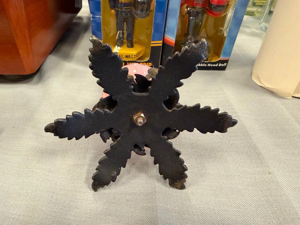 PINK CASE GLASS CENTER CANDLE HOLDER WITH METAL LEAF FOOTED BASE - 13