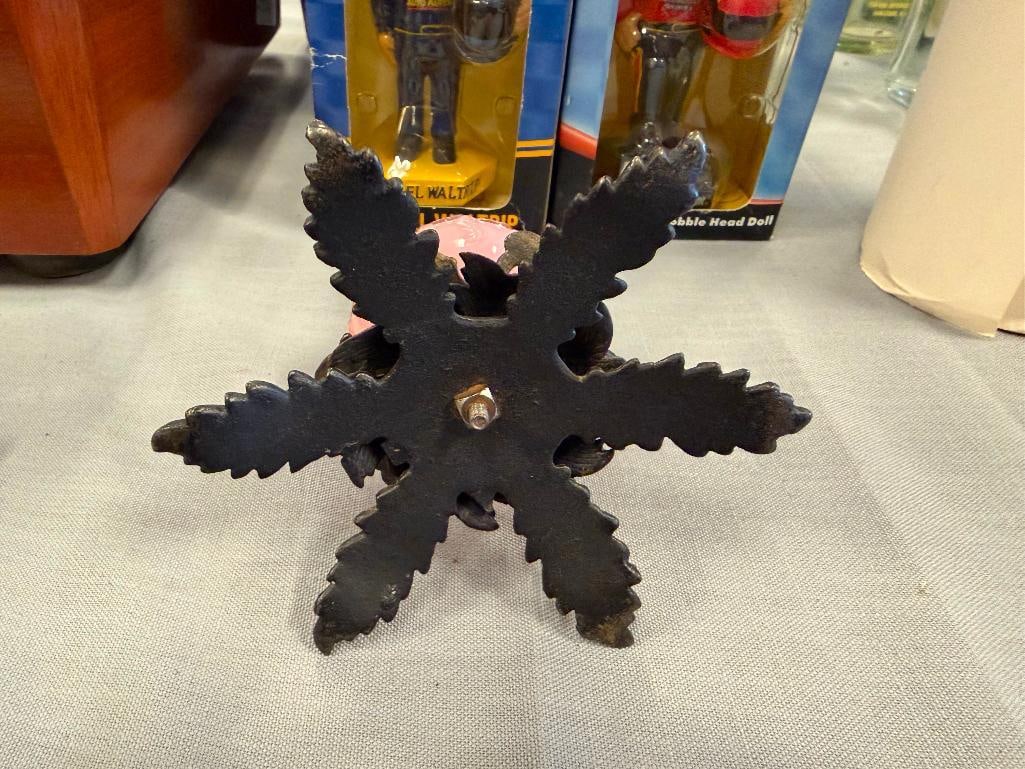 PINK CASE GLASS CENTER CANDLE HOLDER WITH METAL LEAF FOOTED BASE - 14