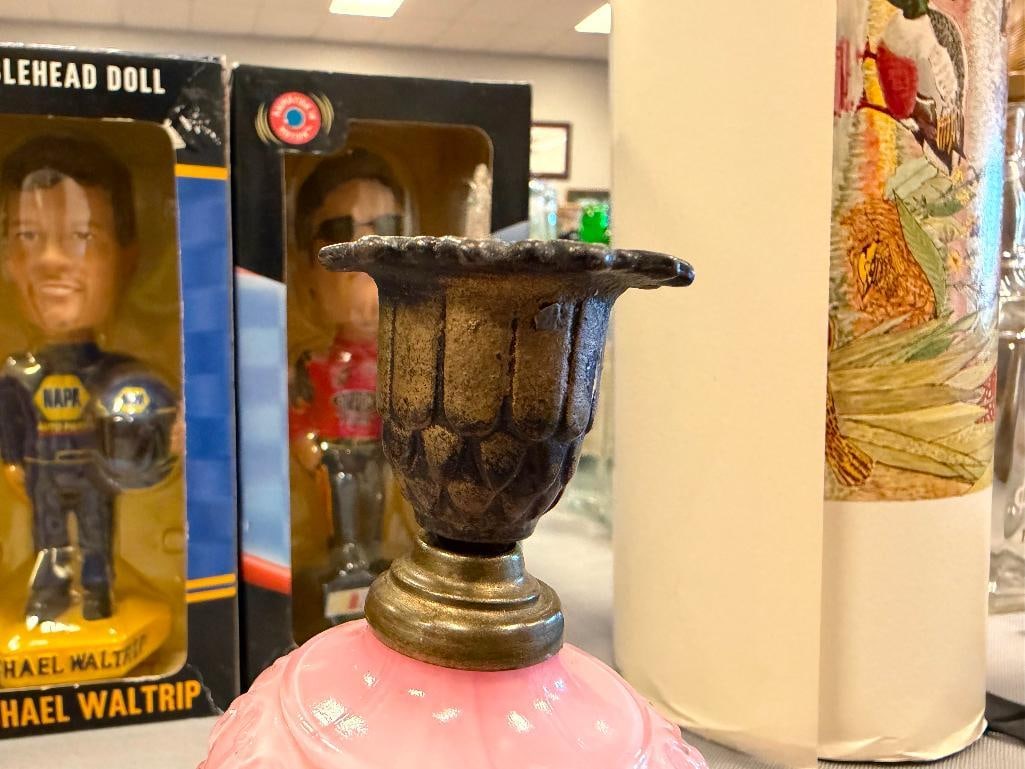 PINK CASE GLASS CENTER CANDLE HOLDER WITH METAL LEAF FOOTED BASE - 15