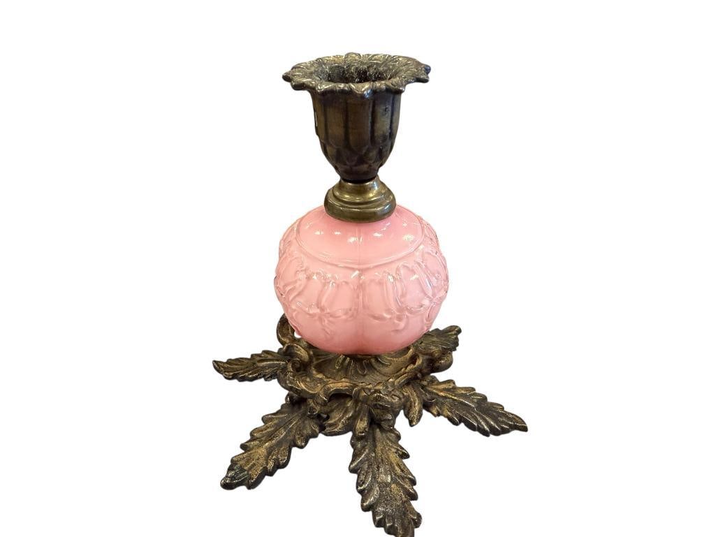 PINK CASE GLASS CENTER CANDLE HOLDER WITH METAL LEAF FOOTED BASE: ORNATE DESIGN, NO CRACKS OR CHIPS 5 1/2" H